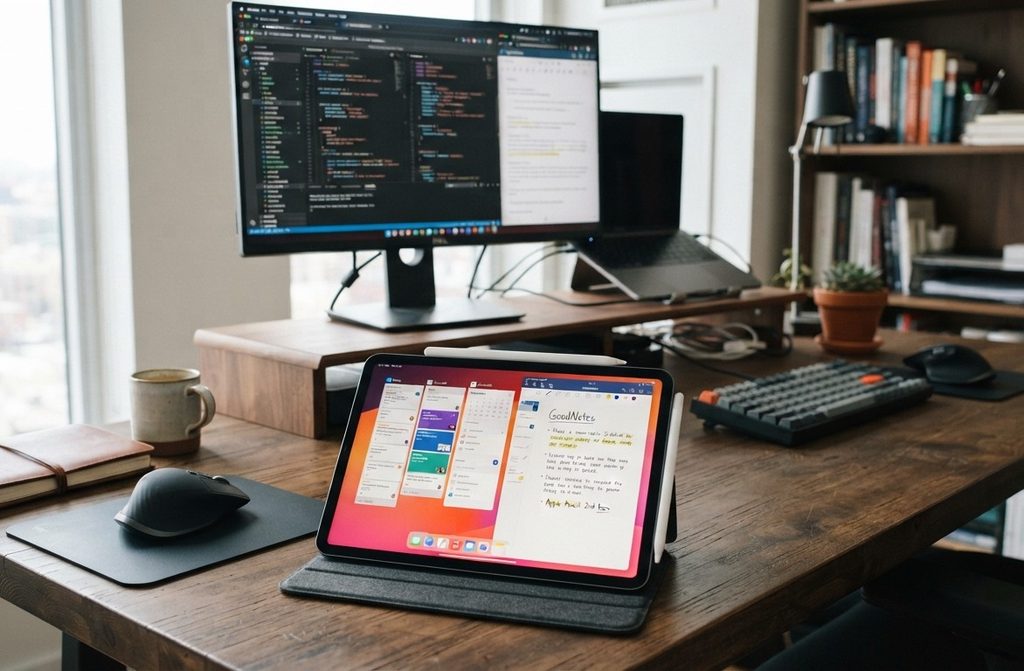 Postazione da lavoro, con tablet collegato a rete elettrica e PC+monitor in sfondo