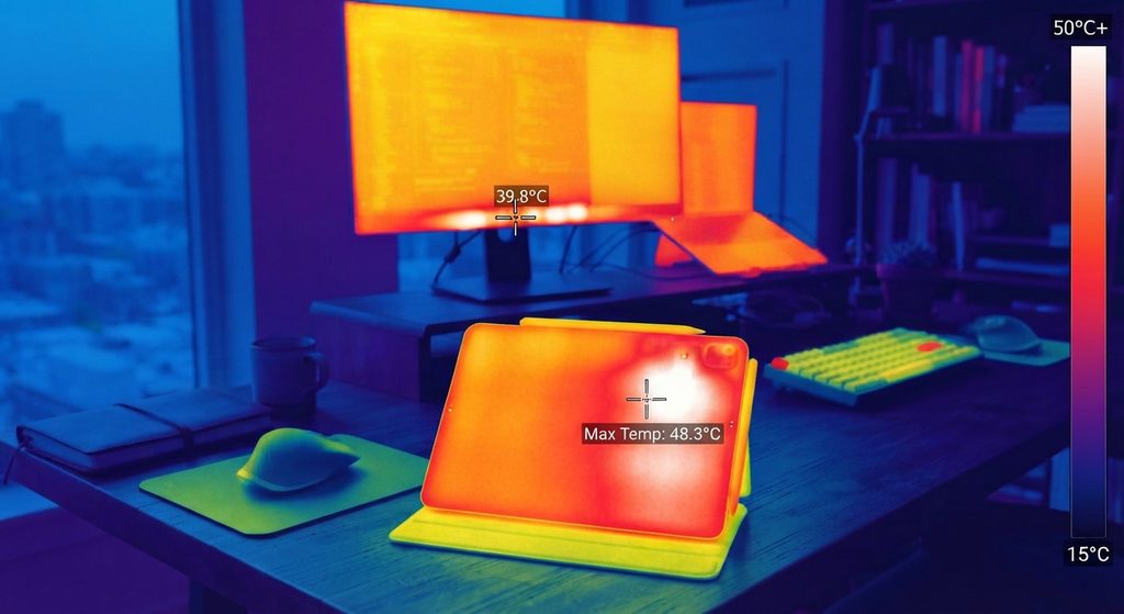 Traccia termica postazione da lavoro, con tablet collegato a rete elettrica e PC+monitor in sfondo