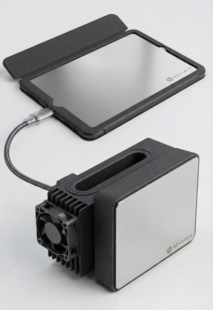 Rendering AI in stampa 3D del sistema termoelettrico: cover con lamierino inox + modulo di raffreddamento e controllo + alimentazione USB type C
