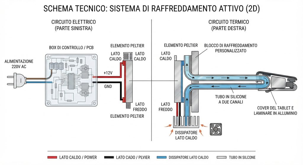 Rendering AI del sistema termoelettrico: alimentazione AC 220V, Controllo PCB, trasformatore e Pompa Peltier + cover e tubi H2O