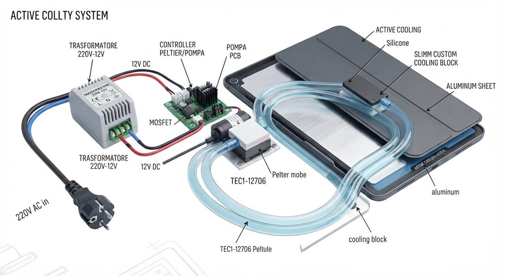 Rendering AI del sistema termoelettrico: alimentazione AC 220V, Controllo PCB, trasformatore e Pompa Peltier + cover e tubi H2O